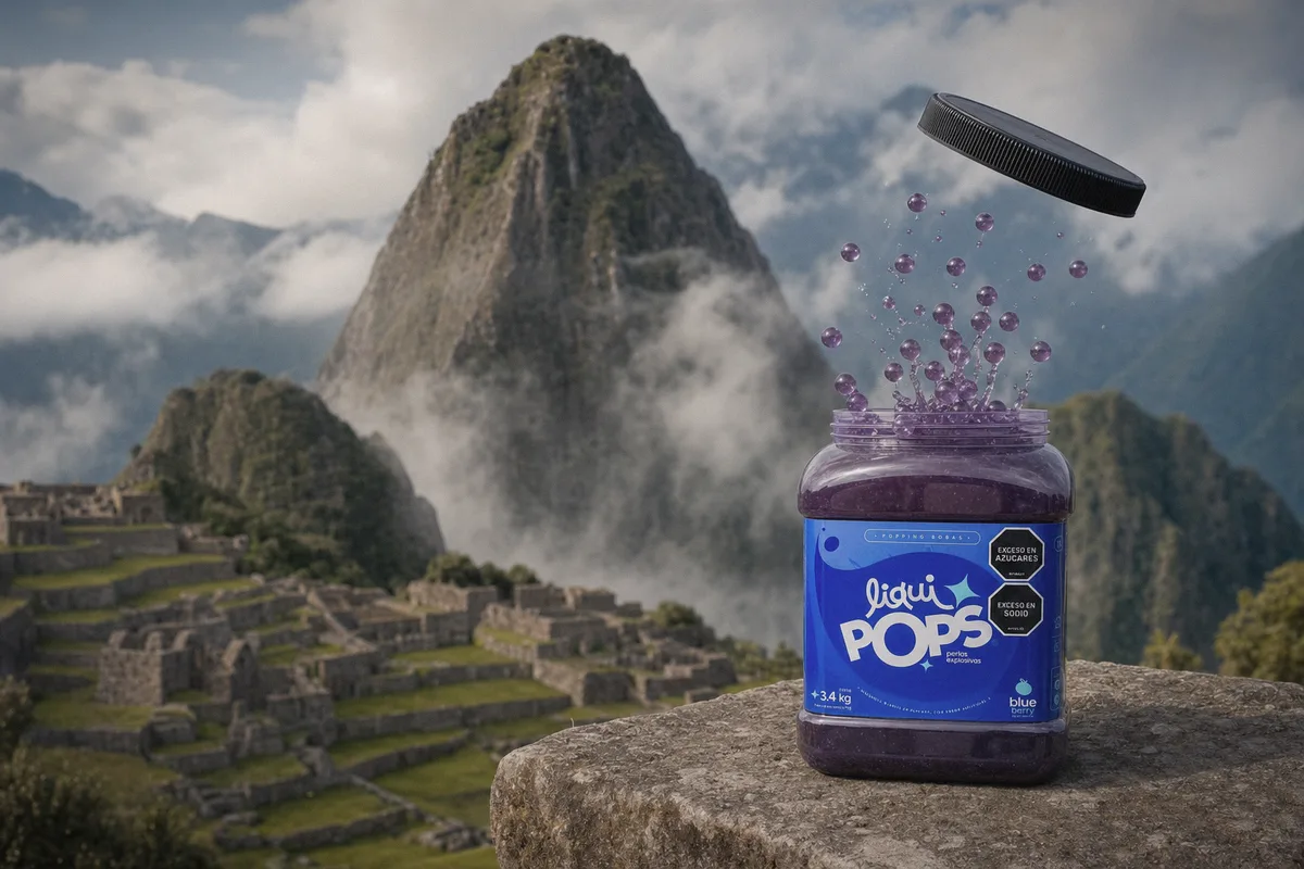 Tarro de perlas explosivas LiquiPops con perlas estallando frente a las terrazas de Machu Picchu entre la neblina